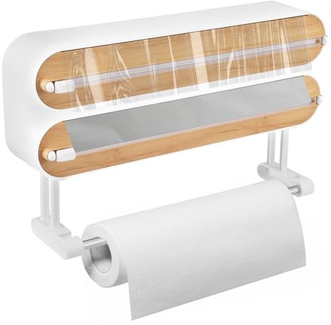 Distributeur Papier Aluminium et Film, Devidoir Essuie Tout Mural Sans Poinçon, Coupe Film & Porte-serviettes en Papier Magnétique, Support de Rangement avec Lames Tranchantes (Bois)