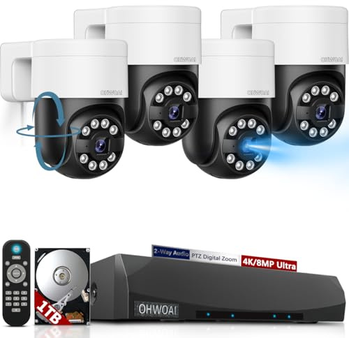 OHWOAI Sistema de cámara de seguridad PTZ con cable de 4K/8.0 megapíxeles y seguimiento automático inteligente, cámaras POE 4K para sistemas de videovigilancia en el hogar