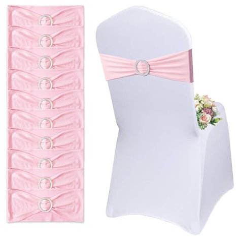 QeeFop 50 x Elastic Chair Sashes with Round Buckle, Chair Sashes Chair Covers Wedding Chair Covers Decoration for Wedding, Banquet, Reception, Birthday, Christmas (Pink)