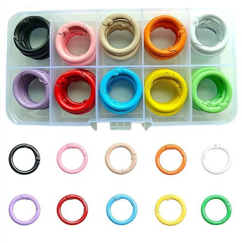 Fubuuf 50 Piezas Mini Mosquetón Redondo 24mm Anillo O de Resorte Metálico con Caja Organizadora, 10 Colores Ganchos de Resorte Anilla Tórica para Llaveros, Mochilas, DIY Bolsa Manualidades