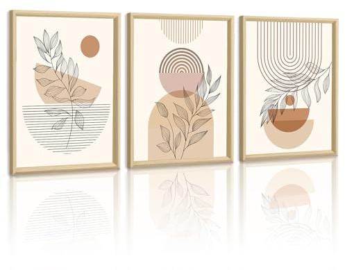 WENGTIAO Cuadros con Marco, Boho Abstracto Geométrico Cuadros Decoracion Salon Modernos, Beige y Marrón Botánicos Neutros Pintura Sobre Lienzo para Dormitorios Pasillo Decoracion Pared Casa 30x40cmx3