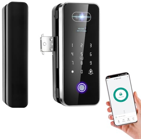 EIYSIE Sliding Glass Door Lock, Fingerprint Lock with 3D Face Recognition for Frameless Doors, Keyless Entry Door Lock with Keypad, No-Drill Smart Glass Lock for Office Store Home