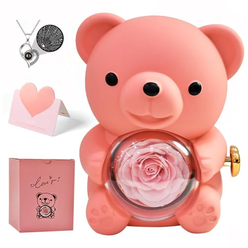 mumisuto Oso Rosa Preservada con Collar de Corazón,Oso con Rosa Eterna con Joyero Oculto,Oso con Rosa Caja de Regalo,Regalos para Ella, Mujer,Día de San Valentín,Día de la Madre,Navidad (Rosa)