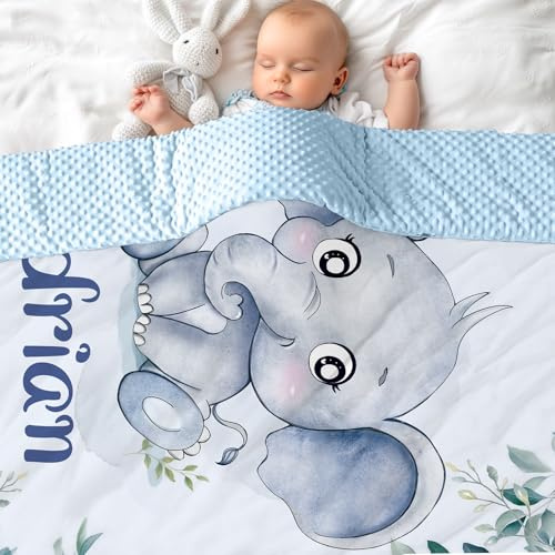 MJARTORIA Personalisierte Babydecke mit Name Baby Decke Neugeborenen Mädchen Junge Individuelle doppelseitig Kuscheldecke Kinderdecke Geschenk 100/150/200cm (Blau Elefant)