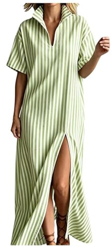 Robe Longue Chemise Rayée Col Polo Manches Courtes Fente Latérale Robe Vacances Plage Ample Femme Trois Motifs Rayés Women Dress Summer 2026 Fashion Dresses