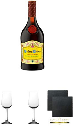 Cardenal Mendoza spanischer Brandy 0,7 Liter + 2 Bugatti Nosing Gläser mit Eichstrich 2cl und 4cl + 2 Schiefer Glasuntersetzer eckig ca. 9,5 cm Ø