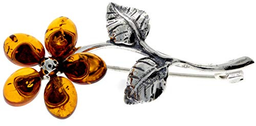 SilverAmber Jewellery Broche de flor exclusivo de ámbar báltico y plata de ley - 4015, Piedra Plata esterlina Resina, Ámbar