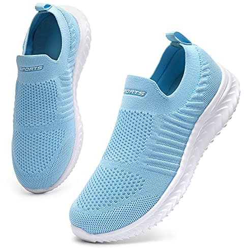 HKR Damen Sneakers Slip on Atmungsaktiv Turnschuhe Walkingschuhe Sportschuhe Frauen Orthopädische Krankenschwester Arbeit Schuhe Hellblau 37 EU