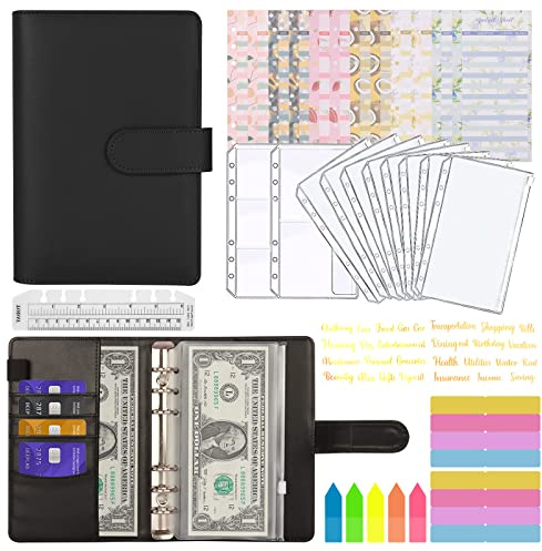 MARICATO Classeur Budget A6, 29 Pcs Enveloppe Budget, 6 Anneaux Classeur Budget Enveloppe avec Dégager Poches Zippées,Feuilles de Budget,Étiquettes et Catégorie Autocollants,Stockage Cartes,Règle,Noir