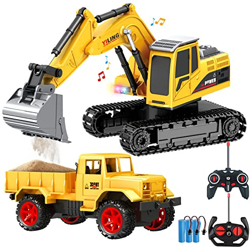 Remote Control Excavator & Dump Truck Toy for Kids(Set of 2) with Lights and Sounds ,Construction Vehicles RC Trucks Toys for Boys Kids 3 4 5 6 7 8 9 10 Year…