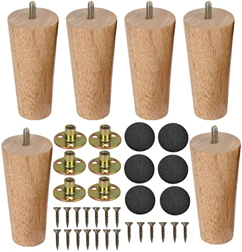 Patas para Muebles Madera 6 Piezas Patas de Sofá/Mesa 12cm con Placa de Montaje Tornillos y Protector Antideslizante