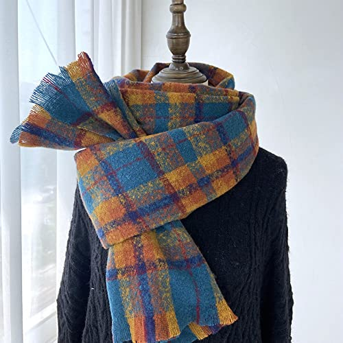 WLLDDDIU Strickschal Damen,Winter Schals Vintage Doppelseitig Weicher Warmer Schal Dicke Decke Gitter Blau Orange Der Weiche Gefühlsschal Winterschal Trendige Stola-Schals Für Frauen Mädchen