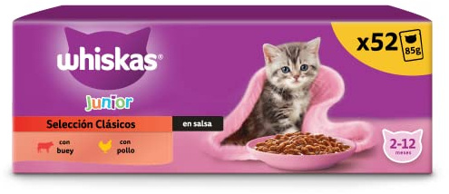 WHISKAS Duo Comida húmeda en Salsa Gatos júnior Comb. clásicas - 13 x 4 bolsitas x 85g