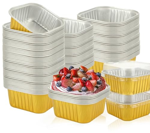 Oungy 100 Pack Mini Square Cake Pans with Lids 3.5 Inch Gold Aluminum Foil Baking Cups Individual Dessert Containers for Tiramisu Flan Muffin Small Aluminum Pans with Lids for Party To-Go