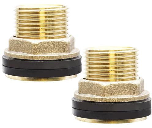 Zorfeter 2 Pcs Soild Brass Water Tank Connector 3/8 Female 1/2 Male Threaded Bulkhead Fitting with 2 Rubber Ring for Rain Barrels, Aquariums