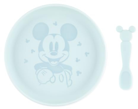 Bumkins Disney Baby and Toddler Plate and Spoon Set, Silicone Dish for Babies and Kids, Baby Led Weaning, Children Feeding Supplies, Microwave Safe, Platinum Silicone, Ages 6 Months Up, Mickey Mouse