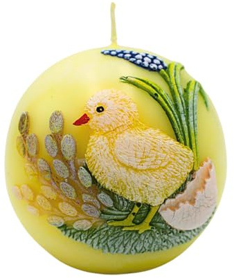 Dekohelden24 Vela de Pascua, vela de pollito, vela esférica con aplicación en color amarillo, pintada a mano, diámetro de 8 cm