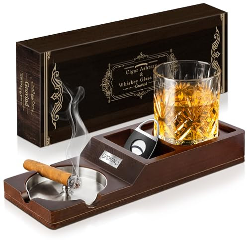 Grovind Cenicero de madera con bandeja de cristal para whisky, soporte para cigarrillos, juego de accesorios para cigarros, regalos de cigarros para hombres, ceniceros al aire libre para patio,