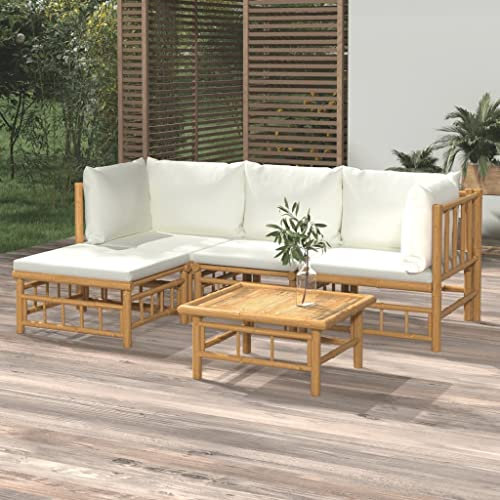 QZZCED Garten-Loungemöbel Terrassengarnitur Balkonmöbel-Set Gartenmöbel-Sets 5-TLG. Garten-Lounge-Set mit Cremeweißen Kissen Bambus für Garten, Terrasse und Balkon