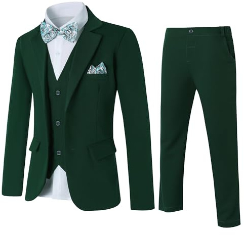 Amissz Garçon Costume 5 Pièces Classique Slim Fit Costume de Mariage Ensemble Gentilhomme Tuxedo Veste Pantalon Et Chemise Gilet 6-7 Ans, Vert