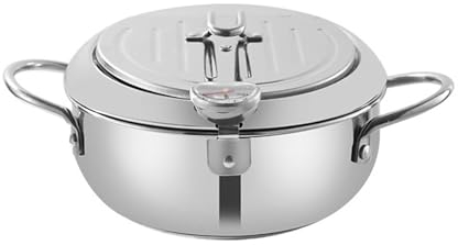 2,2L Fritteuse Topf,Japanischer Frittiertopf mit Thermometer,8 Japanische Tempura Fritteuse Topf,Kleiner Edelstahl-Topf mit Deckel und Abtropfgestell für Pommes Frites,Garnelen,Fisch