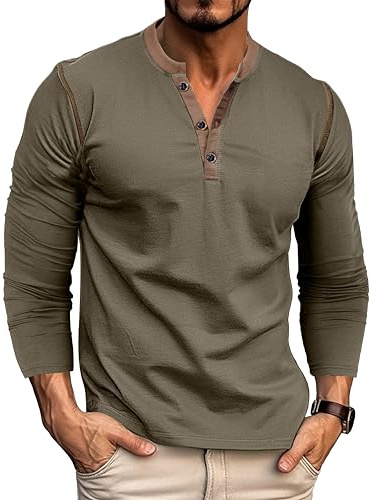 MakingDa Henley T Shirt Manche Longue Homme Tshirt Bouton Leger Coupe Ajustée Vintage Uni Haut Regular Slim Fit Col Rond Chemise Mode Muscle Top de Vert L