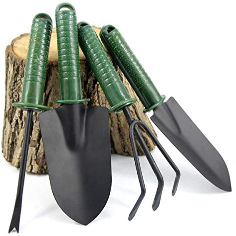 Hoxfly Ensemble de Outils de Jardinage, 4 Pièces Mini Pelle à Main avec Manche, Râteau à Fleurs, Pelle à Terreau avec Poignée pour Balcon, Fourche pour Pot de Jardin, Plantes et Semis (Vert, Noir)