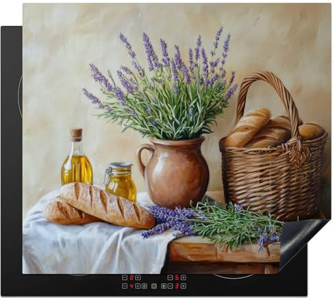 KitchenYeah© Protector Vitroceramica 59x52 cm Tapa para induccion Placa Encimera Cubre de Protectora Cocina Lavanda - Pan - Bodegón