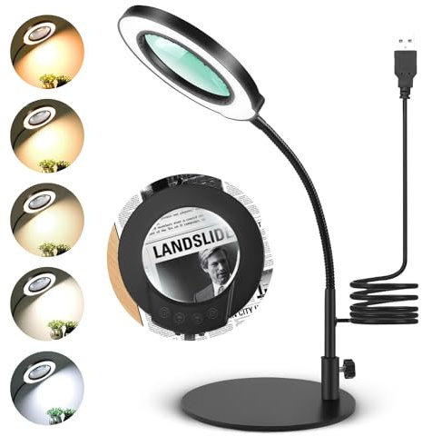 10X Magnifying Glass with Light and Stand, Flexible Gooseneck Magnifying Lamp, LED Desk Lamp Magnifier with 5 Colour Temperatures and 5 Levels Brightness, for Hobbies, Reading, Close Work, Jewelry