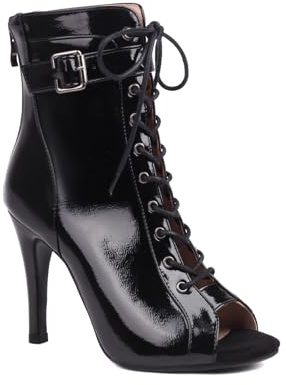 GYUBL Stivali da Ballo Nero Donna con Punta Aperta Lacci Scarpe da Ballo Jazz Salsa Bachata con Tacco Alto 9,5 cm, 38 EU