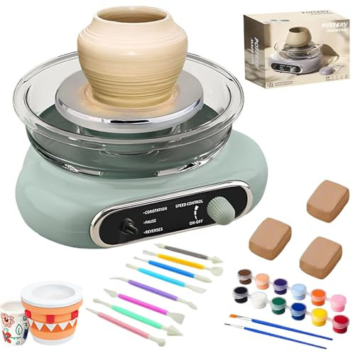 Mini-Töpferscheibe,200R/min Elektrisch Töpferscheiben,12cm Drehteller Tonmaschine mit 8 Stück Bildhauerwerkzeugen,Stufenlose Geschwindigkeitsanpassung für DIY Bastelprojekte für Kinder und Erwachsene