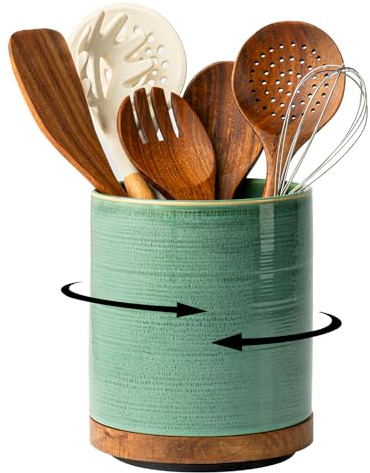 Utensil Holder, 360° Rotating Extra Large Ceramic Kitchen Utensil Holder for Countertop, 7.3“ Cooking Utensil Crocks for Kitchen Counter with Rotatable Wooden Base, Farmhouse Decor, Forest Green