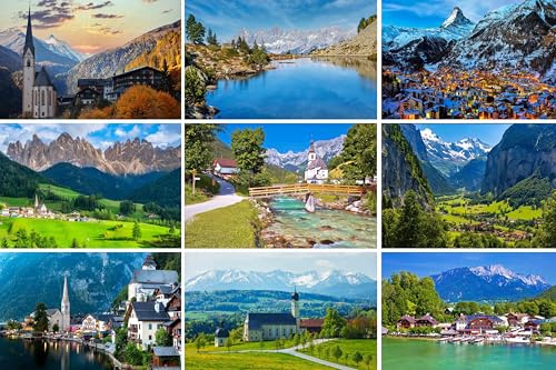 Juego de tarjetas postales Alpes – 9 tarjetas postales – Fotos imágenes de las montañas en Alemania (Bayern) Austria (Hallstatt) Italia (Dolomitas) Suiza (Zermatt Matterhorn)