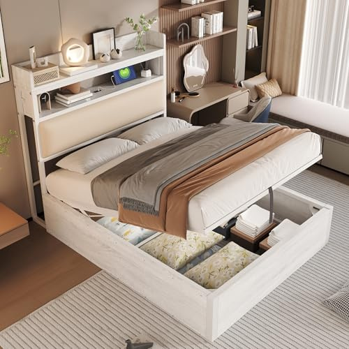LAKFEW Cama Individual Camas Juveniles 90x200 cm con USB y Cabecera de Almacenaje, Cama 90 con Almacenamiento Hidráulico, Camas Individuales, Blanco, Sin Colchon