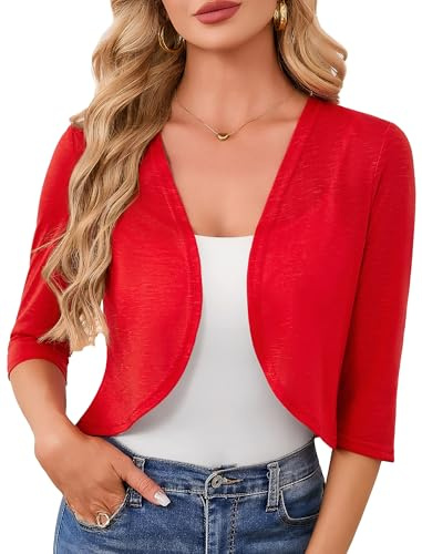 YGJIEGENG Women's Shrugs for Dresses Short Sleeve Knit Lightweight Crop Cardigan Dressy Open Front Cropped Tops Coat Clothes,Red,S