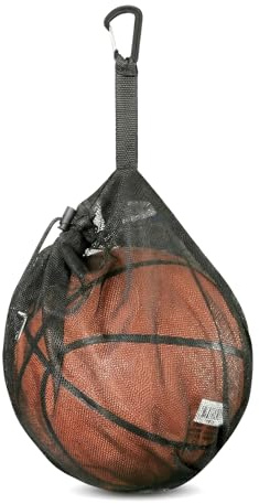 Single Ball Bag Mesh Basketball Bag with Zipper Pocket & Carabiner, Portable Drawstring Football Bag Carrier Holder for Volleyball Rugby Soccer, Heavy Duty Sports Equipment Net Bag for Backpack