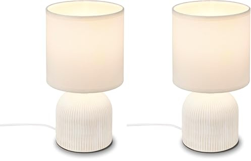 Briloner- Lámpara de Mesa con Pantalla de Tela, Interruptor por Cable, Base de Cerámica,Lampara de Escritorio, Lampara de Lectura, Lámpara de Mesa, Lamparas de Mesita de Noche, 15x28 cm, Blanco