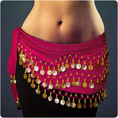 MyBeautyworld24 Belly Dance Bauchtanz Hüfttuch Kostüm 128 goldfarbenen Münzen Münzgürtel Fasching Karneval Tanzaufführung Gürtel in pink/Marke PRECORN