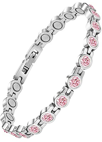JEROOT Bracciale magnetico con pietra di cristallo rosa, Braccialetto Magnetico da Donna in Acciaio Inossidabile, Regolabile con strumento di rimozione