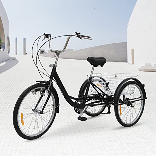 TIXBYGO 24 Zoll Dreirad Erwachsene Fahrrad für Senioren Lastenfahrrad 6-Gang Dreirad für Erwachsene 3-Rad Fahrrad mit Einkaufskorb, Einkaufskorb und Licht, Schwarz