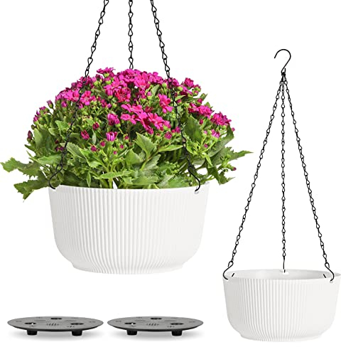 T4U Φ25cm Blumenampel Plastik 2er Set, Hängeampel mit Ketten, Blumenampel mit Bewässerungssystem zum Garten Wohnzimmer Blumenampel Außen für Hängetopf für Pflanzen, Blumentopf Hängend Weiß
