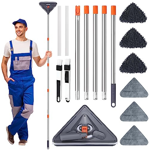 Trapeador de limpieza triangular, giratorio de 360 grados, ajustable, extensible, limpiador de polvo de vidrio seco y húmedo de microfibra retráctil con 6 paños de fregona, limpiador de pared para