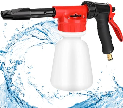 XFLYP Garden Hose Spray Gun, 1L Snow Foam Gun Sprayer with Anti-Slip Handle, Water Foam Gun with Reservoir, Adjustable Car Cleaning Lance for Soap Fertiliser Fit Universal Hose for Pets, Car Washing