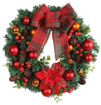 perfk Ghirlanda Natalizia, Decorazione Ghirlanda per La Porta D'ingresso con con Bacche Rosse, Foglie Verdi E Un Grande Fiocco, Decorazione Natalizia da Appendere per Balcone, Camera da Letto