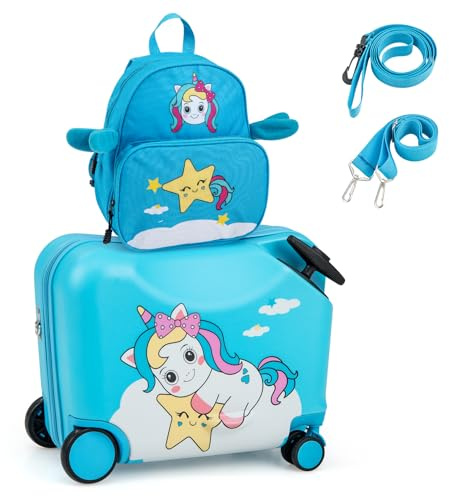 COSTWAY Maleta Infantil con Mochila de Viaje, Juego con Ruedas y Trolley de Cabina para Niños, con Diseño de Unicornio (Azul)