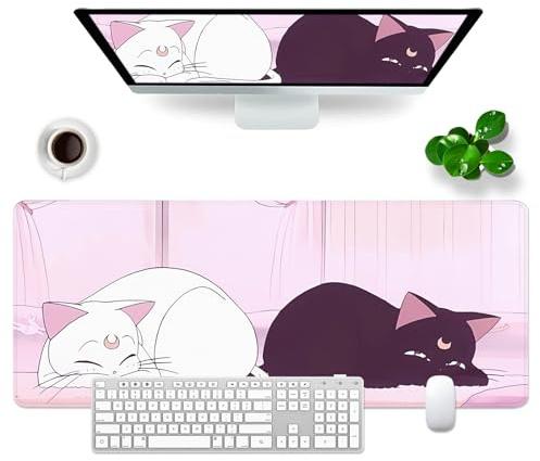 VYEUIAO Rosa gaming-musmatta med kattmotiv, skrivbordsunderlägg, 800 x 300 mm, söt stor XL-musmatta, professionell gamer-musmatta för dator/PC, tangentbordsmatta