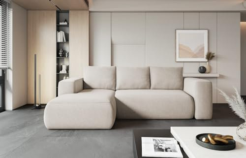 Easy4You Lambi Hellbeige Ecksofa L-Form Links 266 x 89 x 164 cm mit Schlaffunktion und Stauraum - Schlafsofa mit Bettkasten - Moderne Wohnzimmermöbel – Stoff: Castel 03