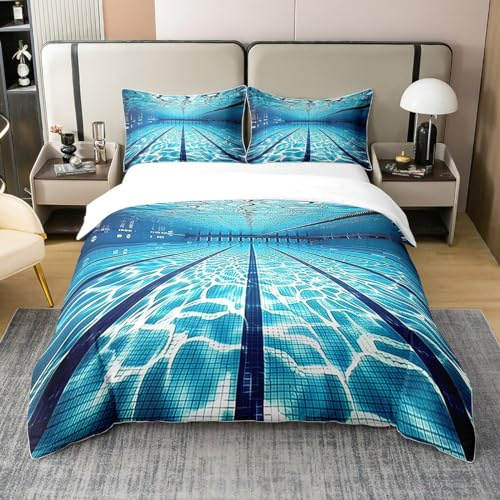 Homewish Coton Natation Sport Parure de Lit 140x200 3D Piscine Impression Housse de Couette Enfants Adolescents Loisirs Loisirs Thème Été Rafraîchissant Literie Couvre Lit,Zip