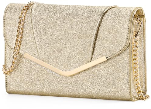 VASCHY Bolso Fiesta Mujer Dorado, Clutch de Noche con Cadena Desmontable, Cartera de Mano para Boda, Cuero Vegano, 24 x 6,5 x 15 cm