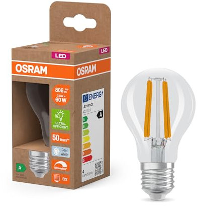 Osram Energy Class nella classica forma a lampadina, 3,8 W / 806 lm, EEK A, luce bianca fredda (4000 K), CRI 80, in vetro senza piombo trasparente, attacco E27, IP20, diametro 60 mm, dimmerabile